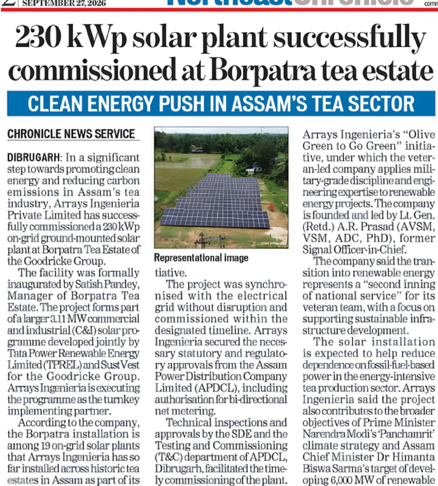 Northeast Chronicle newspaper clipping: 230 kWp solar plant successfully commissioned at Borpatra tea estate; solar work by Arrays Ingenieria (Ingenieria), ex-servicemen-led MSME